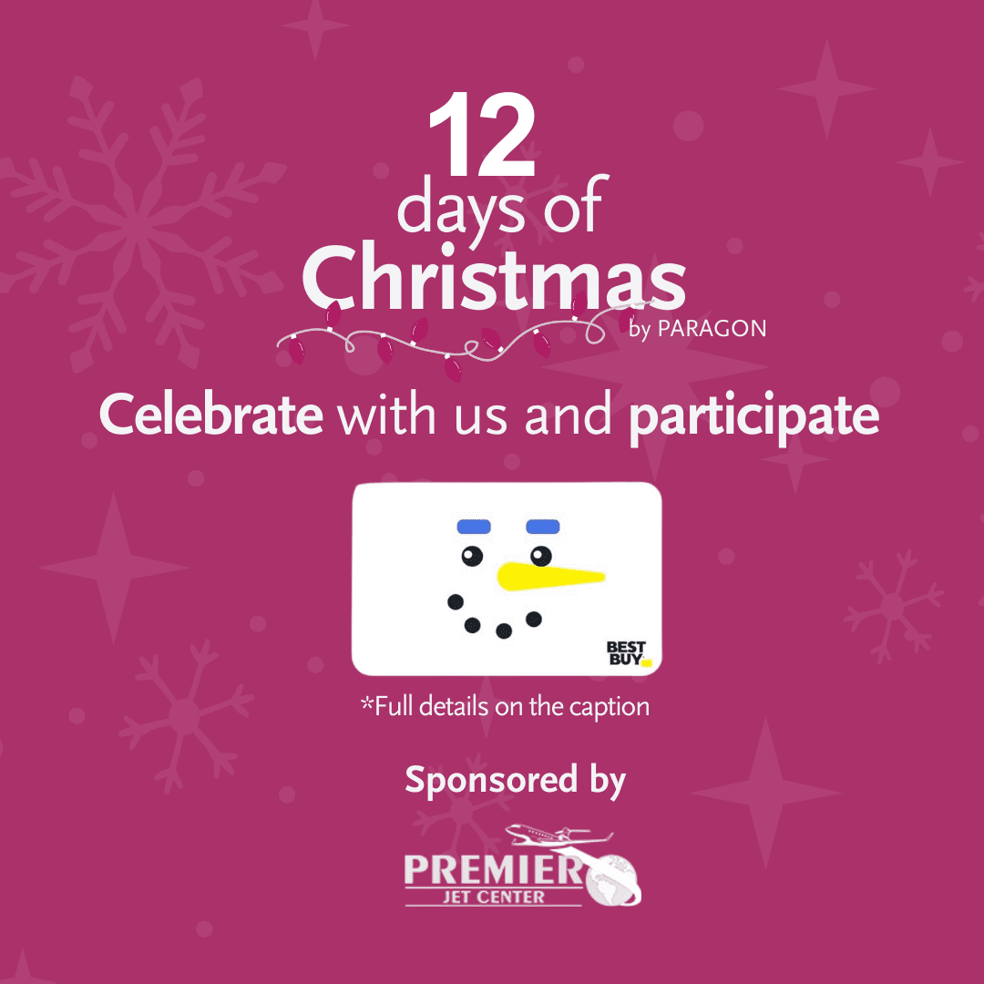 Available gift card on: December 20th, 2024. 
This holiday season, we’re excited to offer you a chance to WIN a BEST BUY eGift card! Want to boost your chances? Here’s how you can earn additional entries:
Follow PREMIER JET CENTER and PARAGON AVIATION on Instagram.
Share this post on your timeline and stories using the hashtag #12DaysOfChristmas.
Tag 3 aviation friends in the comments.
The winner will be announced in the comments on December 22nd, 2024.
