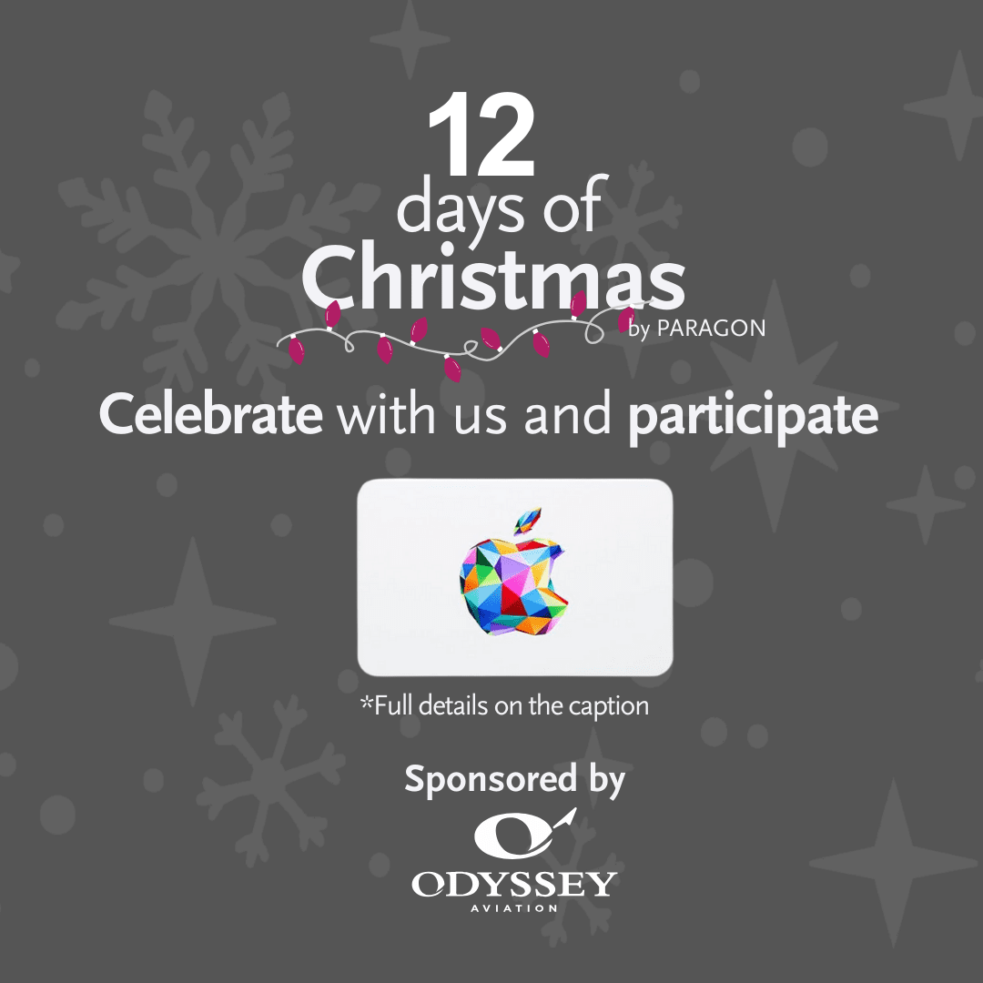 Available gift card on: December 17th, 2024. 
This holiday season, we’re excited to offer you a chance to WIN an APPLE eGift card! Want to boost your chances? Here’s how you can earn additional entries:
Follow ODYSSEY AVIATION and PARAGON AVIATION on Instagram.
Share this post on your timeline and stories using the hashtag #12DaysOfChristmas.
Tag 3 aviation friends in the comments.
The winner will be announced in the comments on December 19th, 2024.