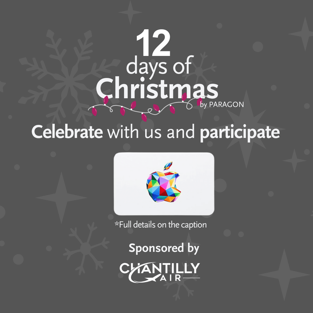Available gift card on: December 07th, 2025. This holiday season, follow Chantilly Air and Paragon Aviation Group on LinkedIn, X, Facebook, or Instagram and comment your favorite aviation holiday memory for a chance to win an APPLE STORE eGift card! The winner will be announced on December 12th.
